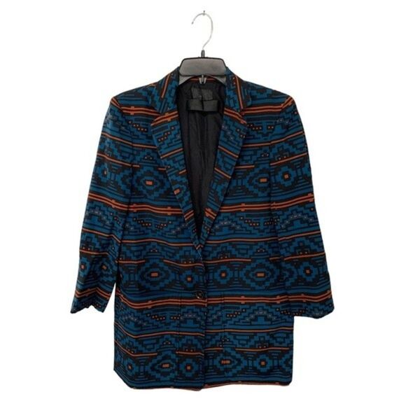RARE Jenni Kayne | Aztec Ethnic Abstract Blue Blazer Pants Set Silk Blend XS 4 - Picture 3 of 15
